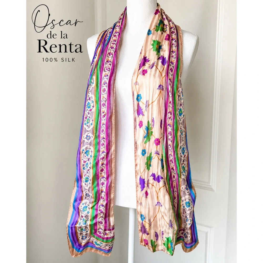 Vintage Oscar de la Renta Floral Silk Blend Scarf Made in Japan